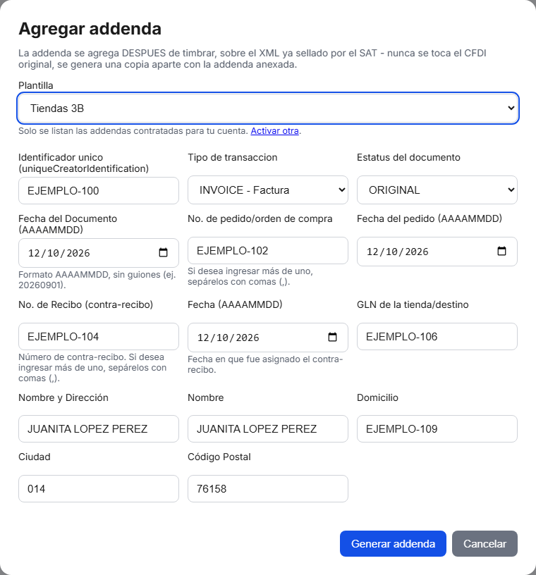 Formulario de la addenda Tiendas 3B en TimbraMX con datos de ejemplo