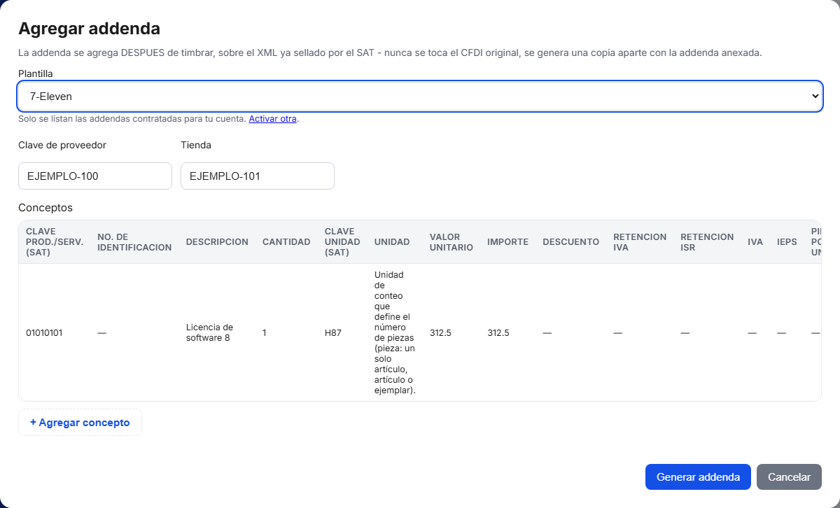 Formulario de la addenda 7-Eleven en TimbraMX con datos de ejemplo