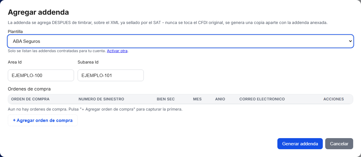 Formulario de la addenda ABA Seguros en TimbraMX con datos de ejemplo
