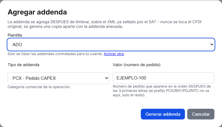 Formulario de la addenda ADO en TimbraMX con datos de ejemplo
