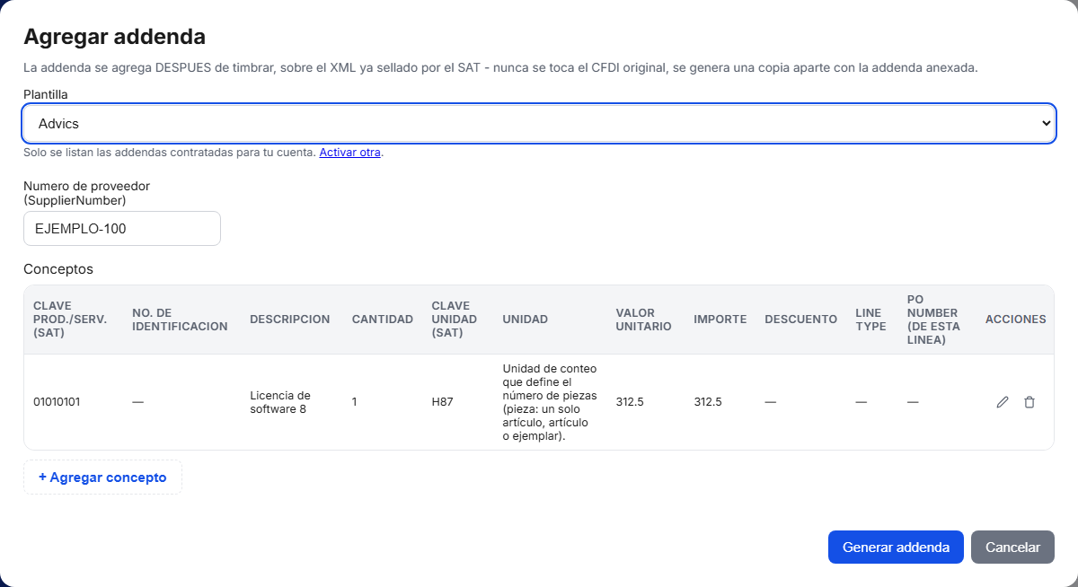 Formulario de la addenda Advics en TimbraMX con datos de ejemplo