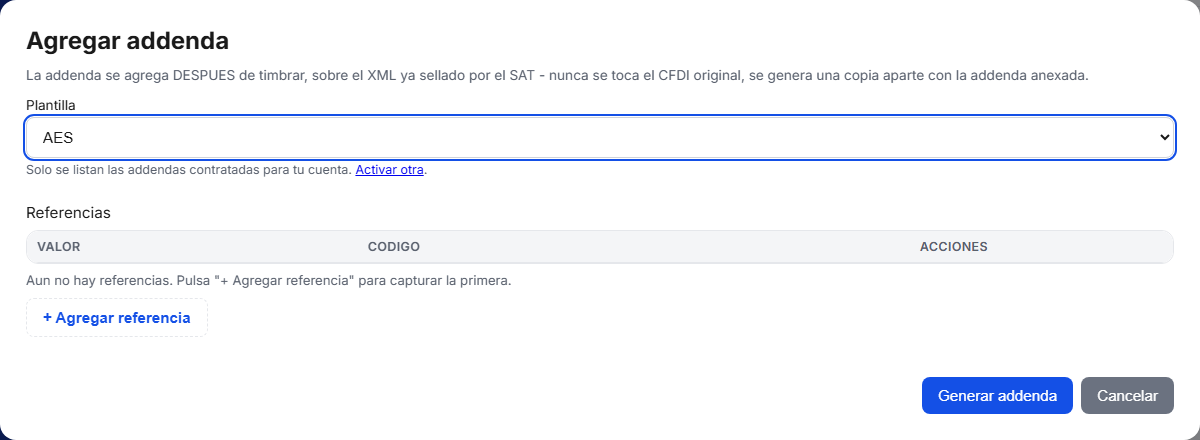Formulario de la addenda AES en TimbraMX con datos de ejemplo