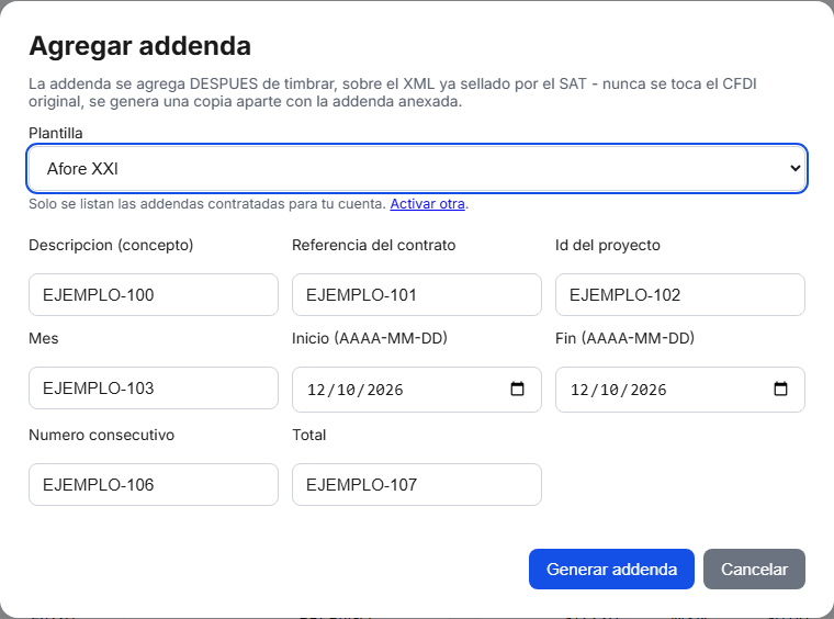 Formulario de la addenda Afore XXI Banorte en TimbraMX con datos de ejemplo