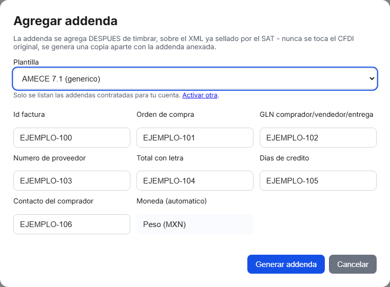 Formulario de la addenda AMECE 7.1 Genérico en TimbraMX con datos de ejemplo