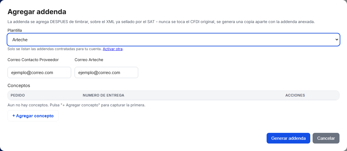 Formulario de la addenda Arteche North America en TimbraMX con datos de ejemplo