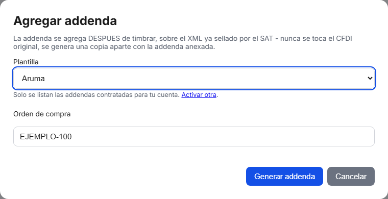 Formulario de la addenda Aruma en TimbraMX con datos de ejemplo