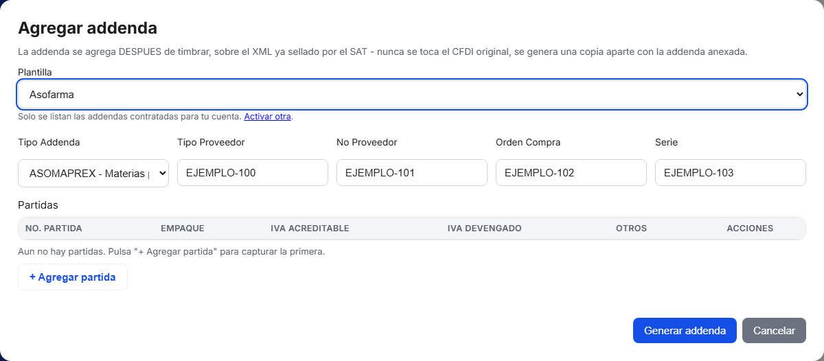 Formulario de la addenda Asofarma (ASOMAPREX) en TimbraMX con datos de ejemplo