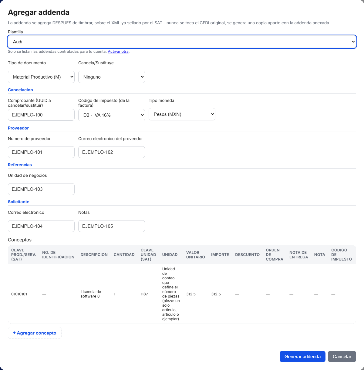 Formulario de la addenda Audi en TimbraMX con datos de ejemplo