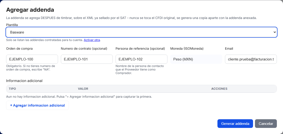 Formulario de la addenda Basware en TimbraMX con datos de ejemplo