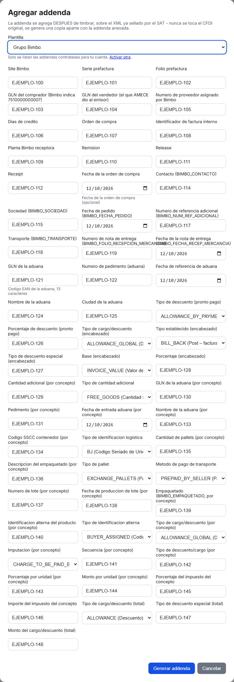 Formulario de la addenda Grupo Bimbo en TimbraMX con datos de ejemplo