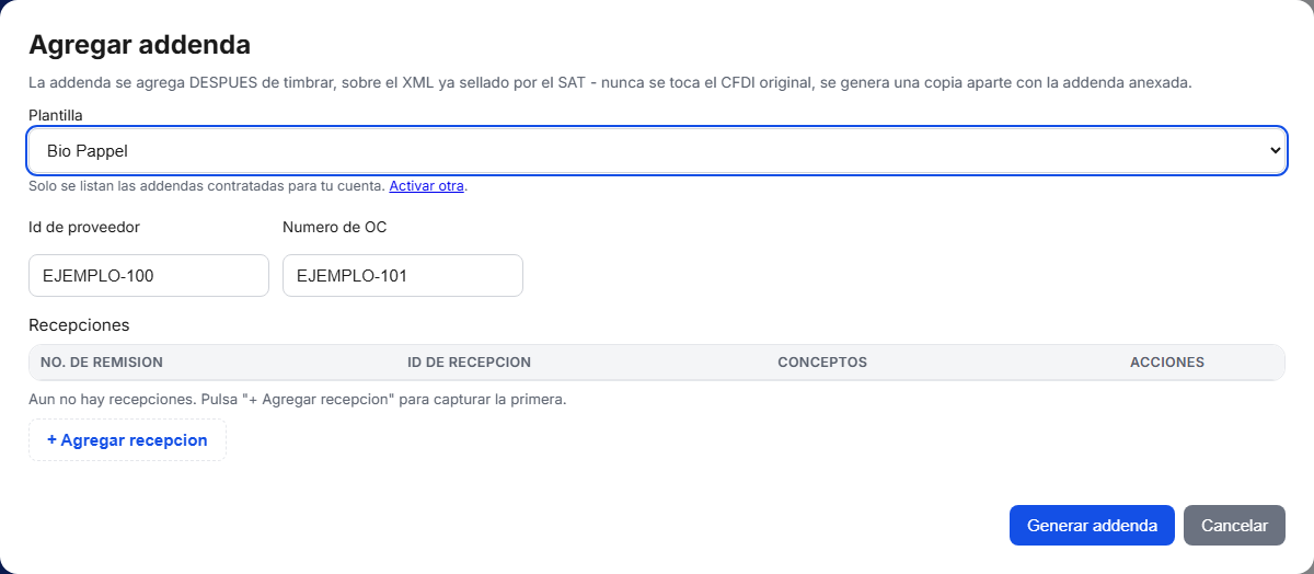 Formulario de la addenda Bio Pappel en TimbraMX con datos de ejemplo