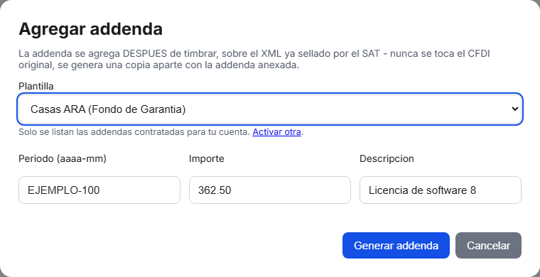 Formulario de la addenda Casas ARA / Fondo de Garantía en TimbraMX con datos de ejemplo