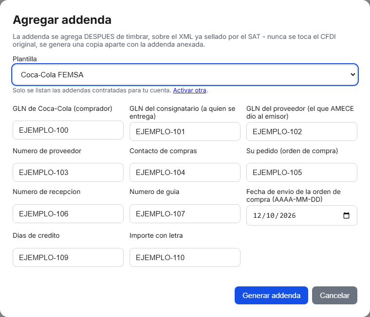 Formulario de la addenda Coca-Cola FEMSA en TimbraMX con datos de ejemplo