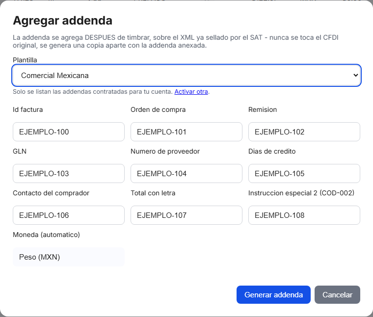 Formulario de la addenda Comercial Mexicana en TimbraMX con datos de ejemplo