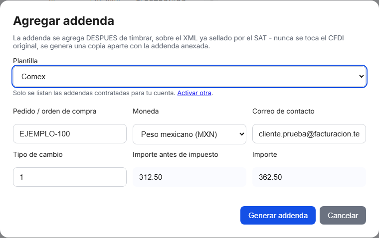 Formulario de la addenda Comex en TimbraMX con datos de ejemplo