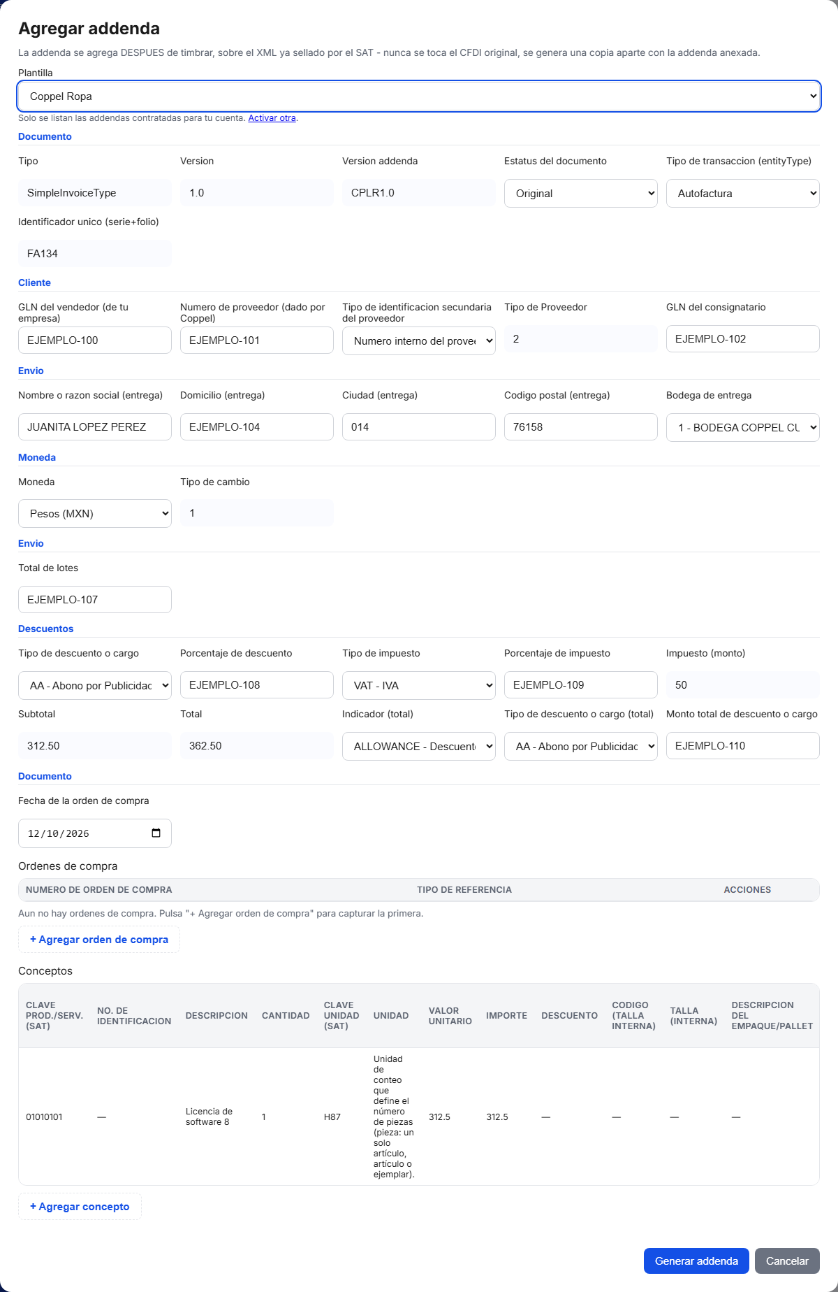 Formulario de la addenda Coppel Ropa en TimbraMX con datos de ejemplo