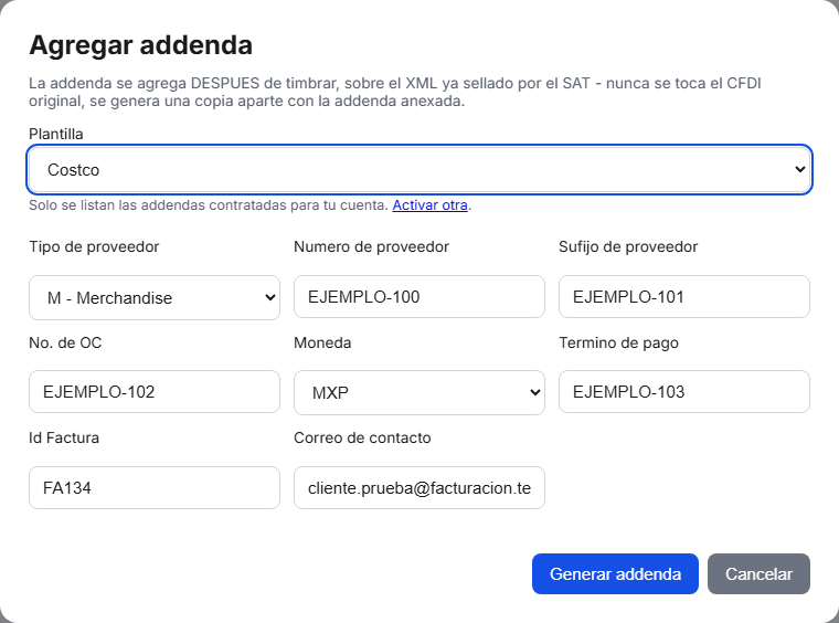 Formulario de la addenda Costco en TimbraMX con datos de ejemplo
