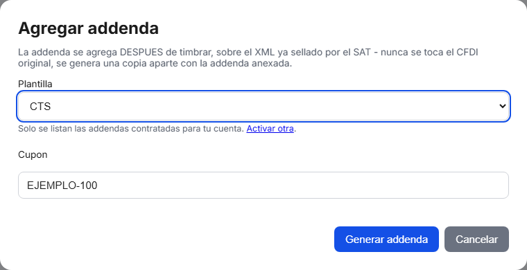 Formulario de la addenda CTS en TimbraMX con datos de ejemplo