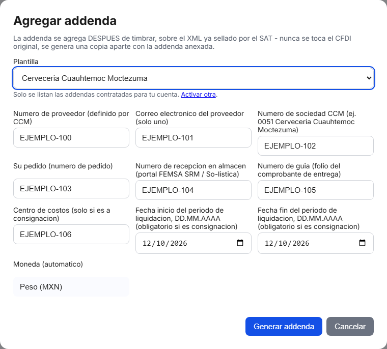 Formulario de la addenda Cervecería Cuauhtémoc Moctezuma en TimbraMX con datos de ejemplo