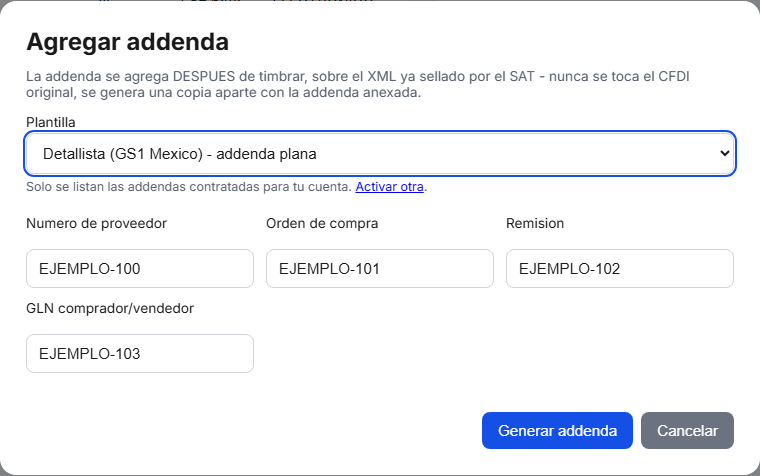 Formulario de la addenda Detallista GS1 en TimbraMX con datos de ejemplo