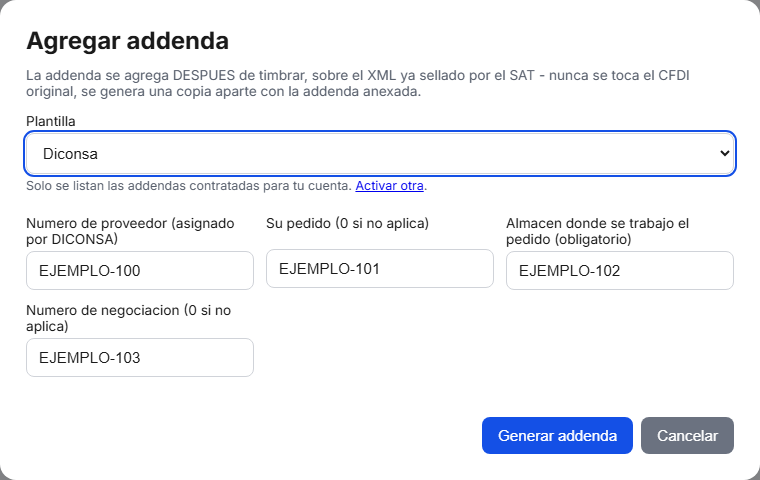 Formulario de la addenda Diconsa en TimbraMX con datos de ejemplo
