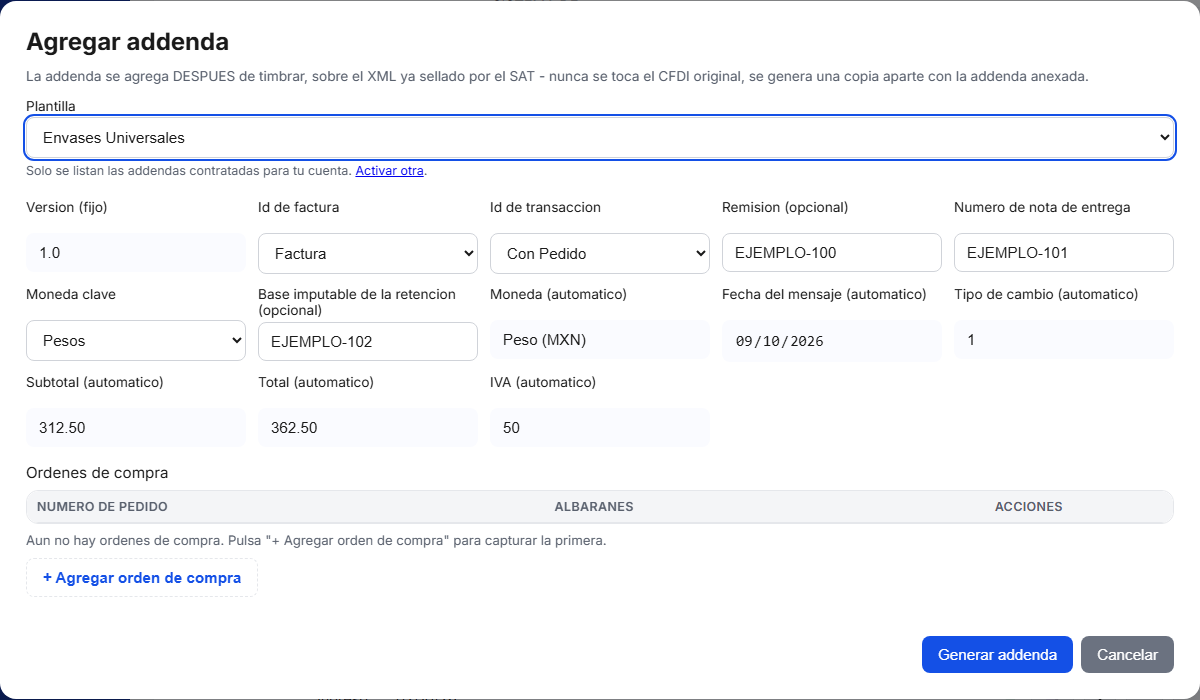 Formulario de la addenda Envases Universales en TimbraMX con datos de ejemplo
