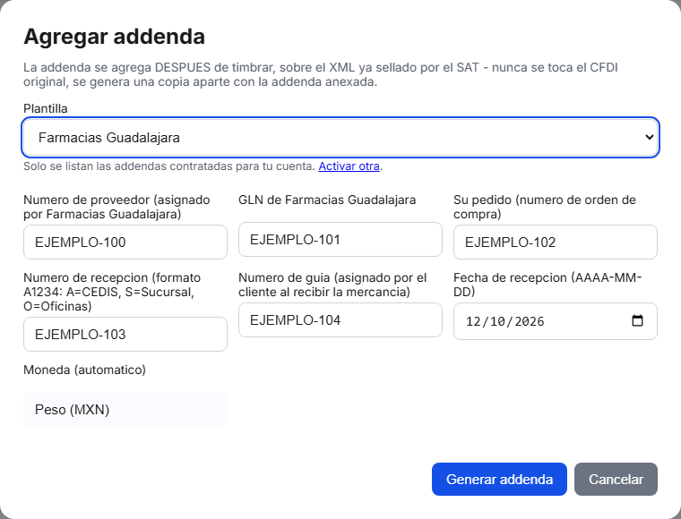 Formulario de la addenda Farmacias Guadalajara en TimbraMX con datos de ejemplo