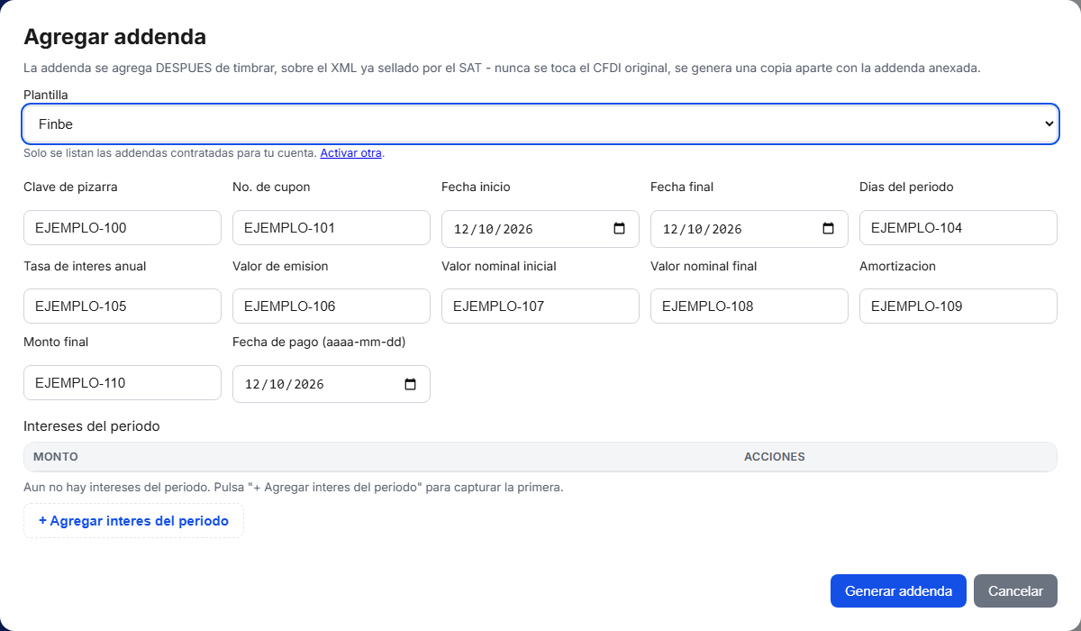 Formulario de la addenda Finbe en TimbraMX con datos de ejemplo