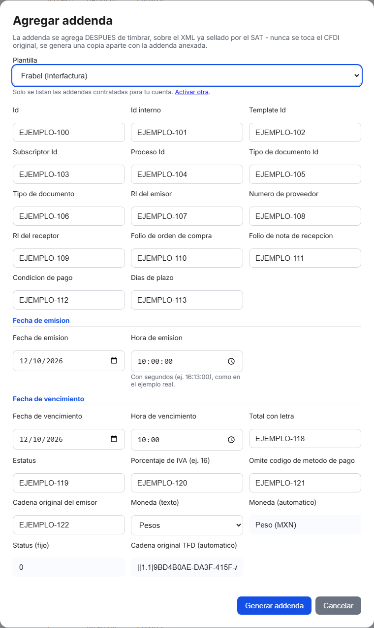 Formulario de la addenda Frabel en TimbraMX con datos de ejemplo