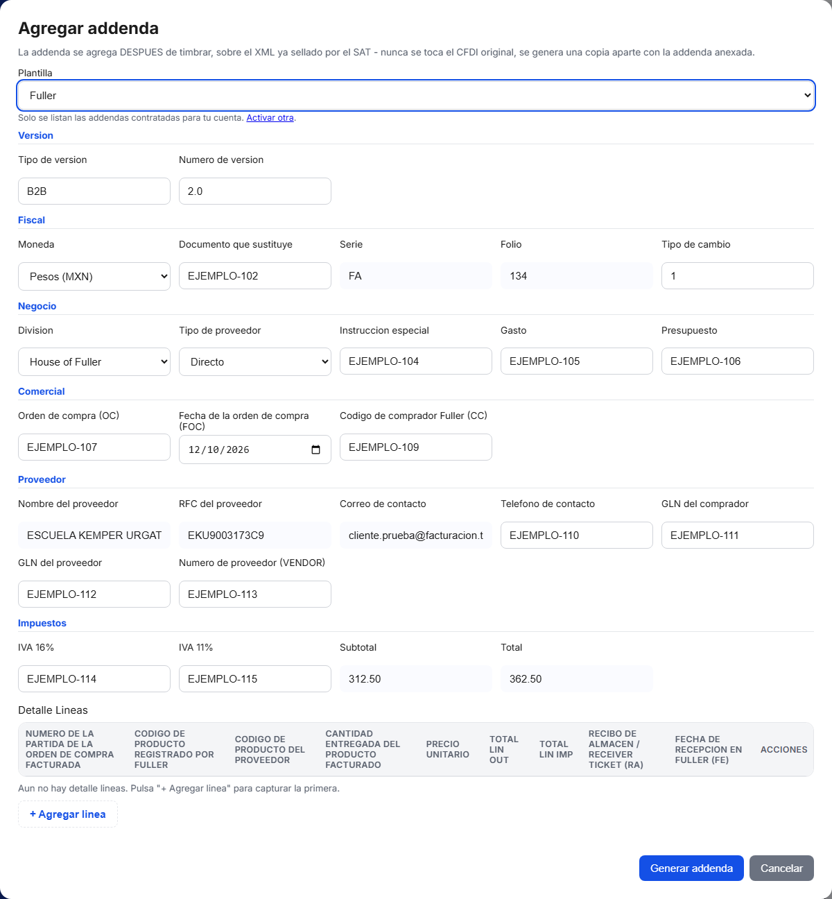 Formulario de la addenda Fuller en TimbraMX con datos de ejemplo