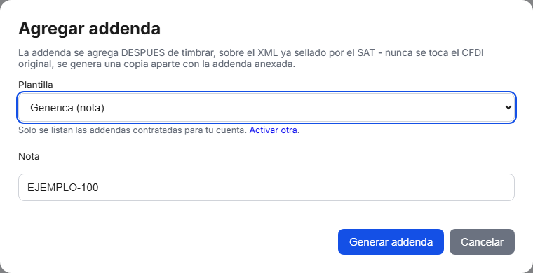 Formulario de la addenda Genérica (texto libre) en TimbraMX con datos de ejemplo
