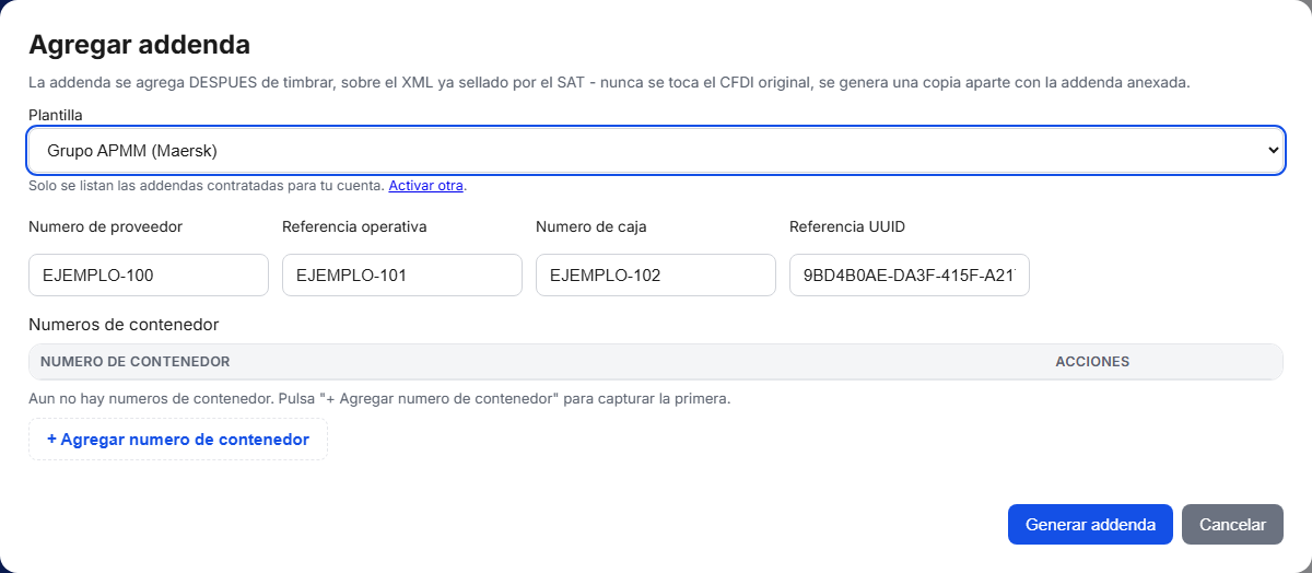 Formulario de la addenda Grupo APMM (Maersk) en TimbraMX con datos de ejemplo