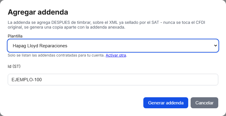 Formulario de la addenda Hapag Lloyd en TimbraMX con datos de ejemplo