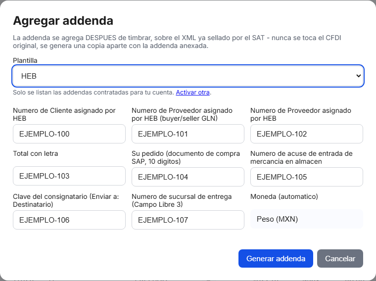 Formulario de la addenda HEB en TimbraMX con datos de ejemplo