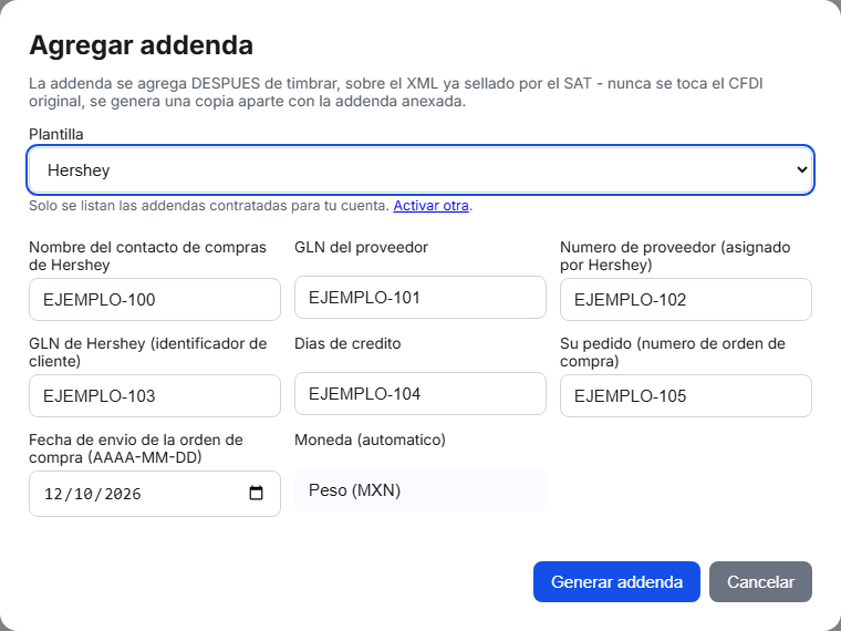 Formulario de la addenda Hershey en TimbraMX con datos de ejemplo