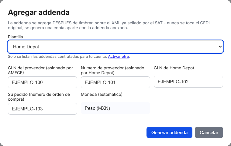 Formulario de la addenda Home Depot en TimbraMX con datos de ejemplo