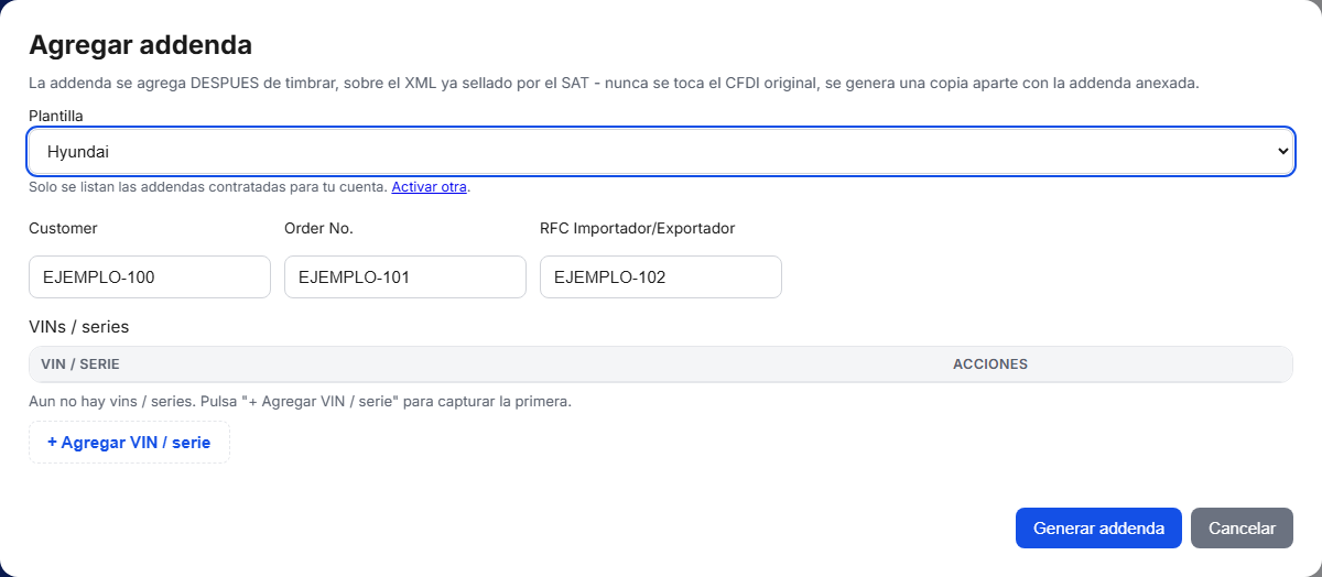 Formulario de la addenda Hyundai en TimbraMX con datos de ejemplo