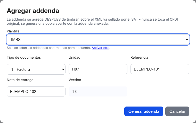 Formulario de la addenda IMSS en TimbraMX con datos de ejemplo