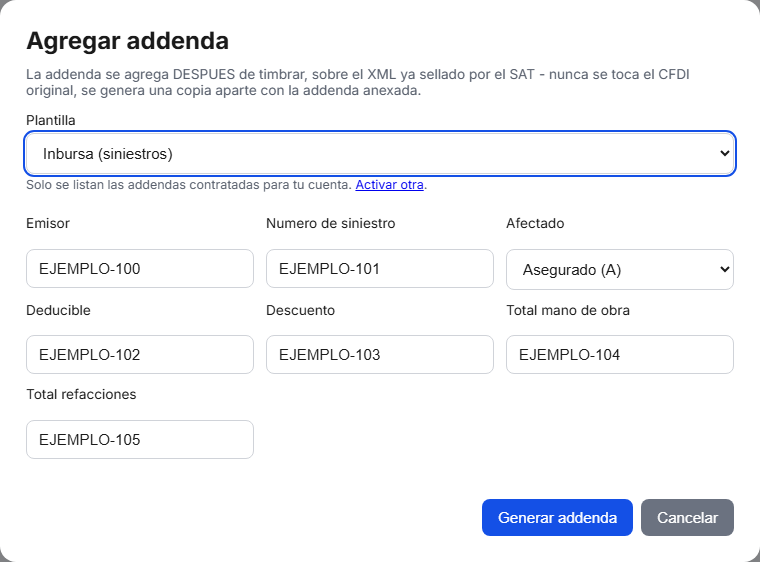 Formulario de la addenda Inbursa en TimbraMX con datos de ejemplo