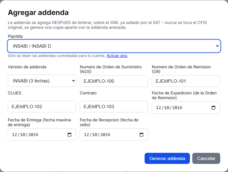 Formulario de la addenda INSABI en TimbraMX con datos de ejemplo