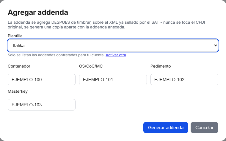 Formulario de la addenda Italika en TimbraMX con datos de ejemplo