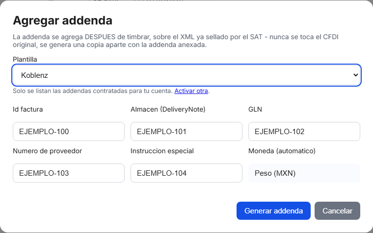 Formulario de la addenda Koblenz en TimbraMX con datos de ejemplo