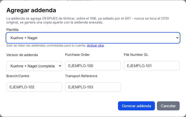Formulario de la addenda Kuehne+Nagel en TimbraMX con datos de ejemplo