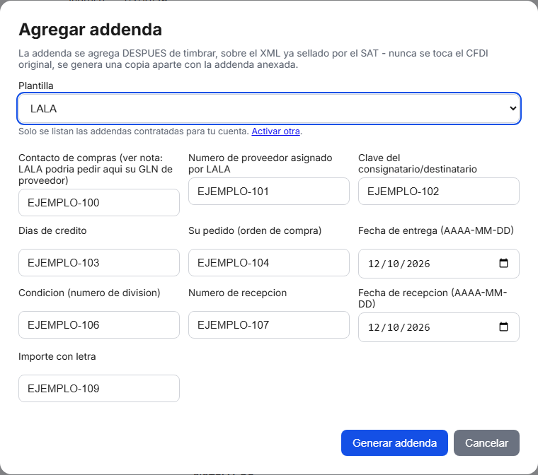 Formulario de la addenda Lala en TimbraMX con datos de ejemplo