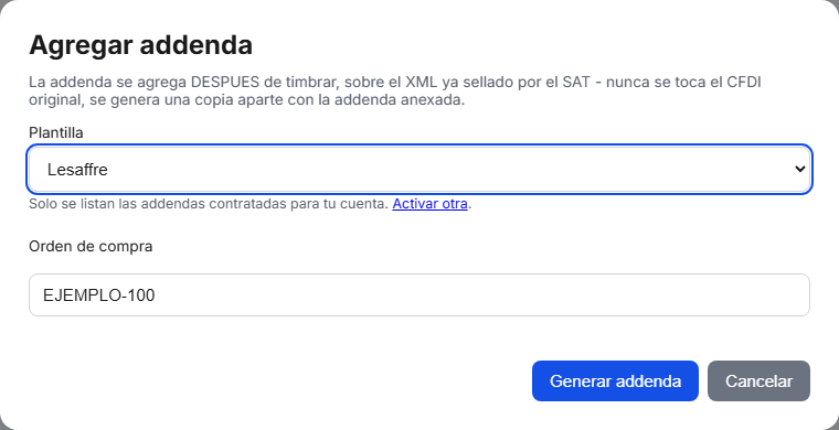 Formulario de la addenda Lesaffre en TimbraMX con datos de ejemplo