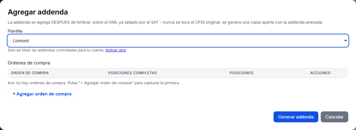 Formulario de la addenda Laboratorios Liomont en TimbraMX con datos de ejemplo
