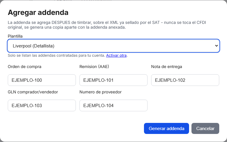 Formulario de la addenda Liverpool en TimbraMX con datos de ejemplo