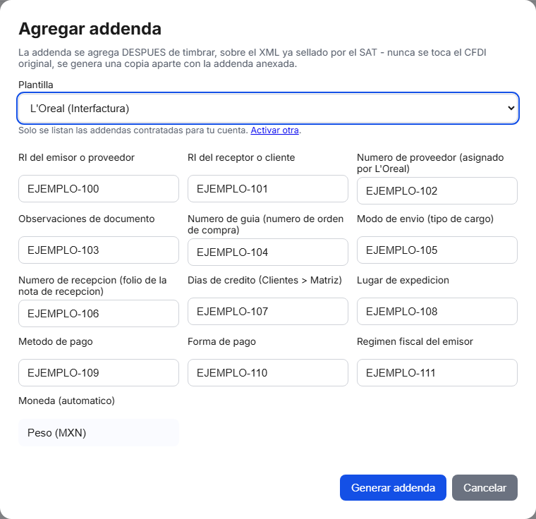 Formulario de la addenda L'Oreal en TimbraMX con datos de ejemplo
