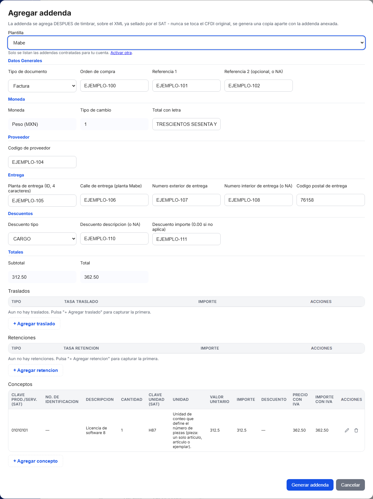 Formulario de la addenda Mabe en TimbraMX con datos de ejemplo