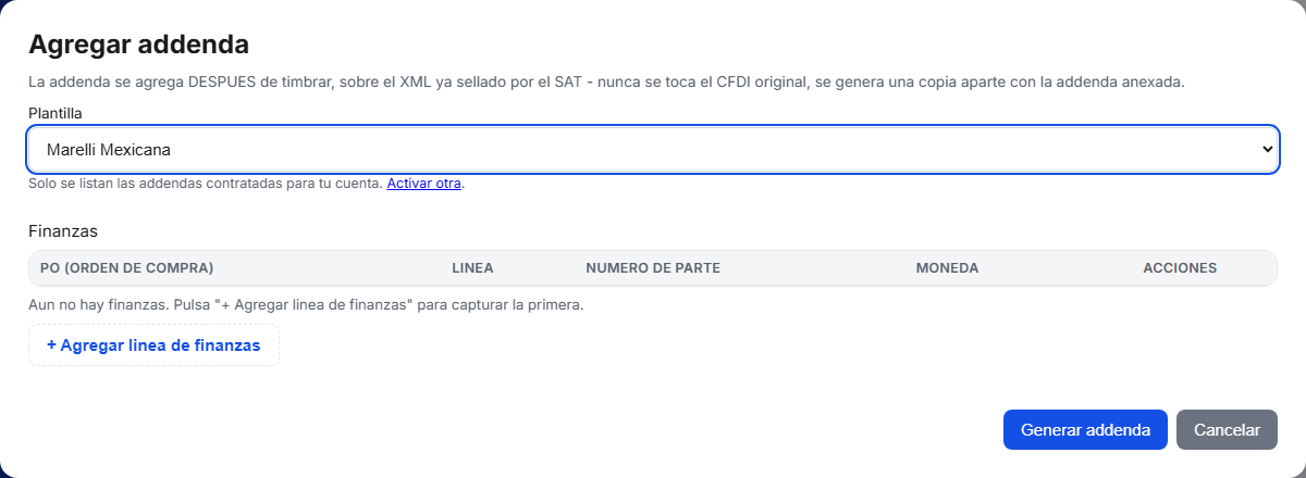 Formulario de la addenda Marelli Mexicana en TimbraMX con datos de ejemplo